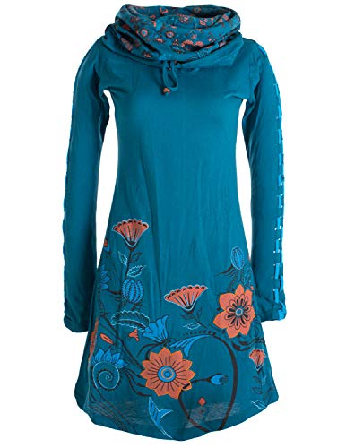 Vishes - Alternative Bekleidung - Damen Kleid mit Blumen-Muster Langarm Herbst Frühling Schalkragen türkis 46 von Vishes