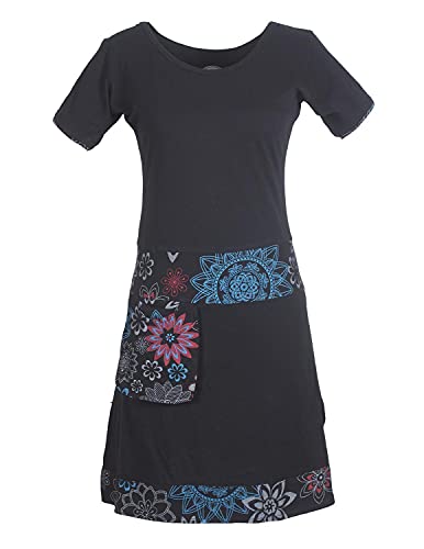 Vishes - Alternative Bekleidung - Damen Kurzarm Kleid Tunika Hippie Blumen Muster Sidebag Tasche schwarz 40-42 von Vishes