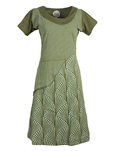 Vishes - Alternative Bekleidung - Damen Kurzarm Lagenlook Kleid Hippie Streifen Punkte Muster Olive 36-38 von Vishes