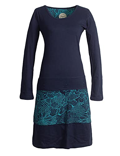 Vishes - Alternative Bekleidung - Damen Lagenlook Langarm Damen Kleid Strickkleid mit Blumen-Spitze Bedruckt dunkelblau 34 von Vishes