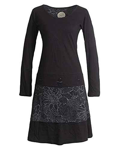 Vishes - Alternative Bekleidung - Damen Lagenlook Langarm Damen Kleid Strickkleid mit Blumen-Spitze Bedruckt schwarz 46 von Vishes