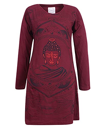 Vishes - Alternative Bekleidung - Damen Langarm Baumwollkleid Shirtkleid mit Buddha Druck dunkelrot 36 von Vishes