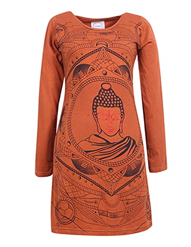 Vishes - Alternative Bekleidung - Damen Langarm Baumwollkleid Shirtkleid mit Buddha Druck orange 36 von Vishes