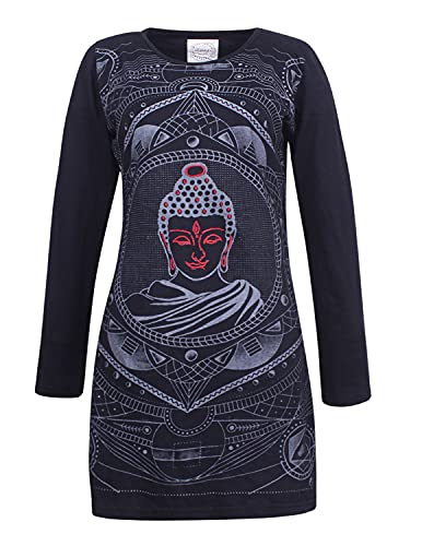 Vishes - Alternative Bekleidung - Damen Langarm Baumwollkleid Shirtkleid mit Buddha Druck schwarz 36 von Vishes