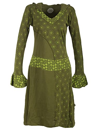 Vishes -Alternative Bekleidung - Damen Langarm Blümchen Kapuzenkleid aus Baumwolle V-Ausschnitt Olive 44 von Vishes