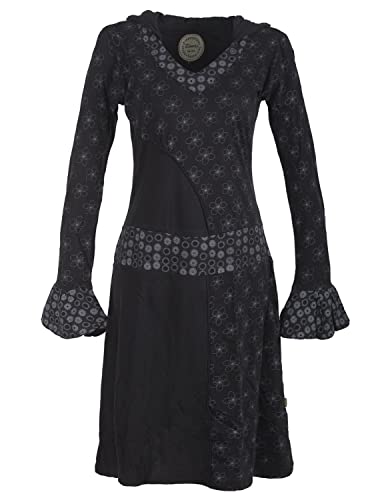 Vishes -Alternative Bekleidung - Damen Langarm Blümchen Kapuzenkleid aus Baumwolle V-Ausschnitt schwarz 38-40 von Vishes