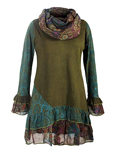Vishes - Alternative Bekleidung - Damen Langarm Mandala Rüschen-Kleid mit Kapuzenschal Olive 46 von Vishes