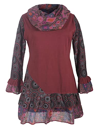 Vishes - Alternative Bekleidung - Damen Langarm Mandala Rüschen-Kleid mit Kapuzenschal dunkelrot 34 von Vishes