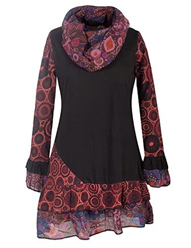 Vishes - Alternative Bekleidung - Damen Langarm Mandala Rüschen-Kleid mit Kapuzenschal schwarz 40-42 von Vishes