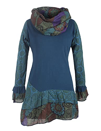 Vishes - Alternative Bekleidung - Damen Langarm Mandala Rüschen-Kleid mit Kapuzenschal türkis 32 von Vishes