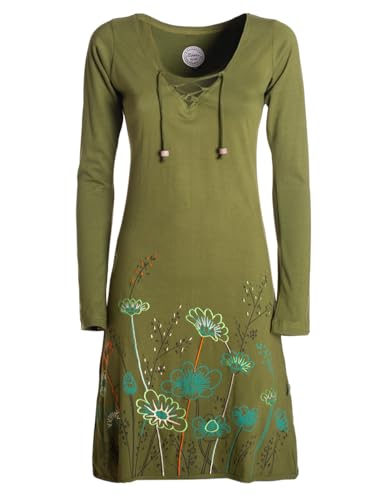 Vishes - Alternative Bekleidung - Damen Langarm-Shirtkleid Tunika-Kleid Baumwollkleid mit Blumen-Print Olive 40 von Vishes