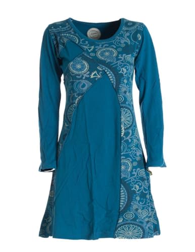 Vishes - Alternative Bekleidung - Damen Mandala-Kleid Blumen-Kleid Lang-arm Rundhals Baumwollkleid türkis 36-38 von Vishes