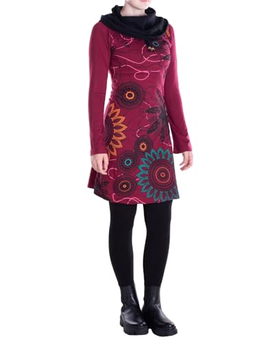 Vishes - Alternative Bekleidung - Damen Mandala-Kleid Schal-Kragen Langarm-Shirtkleid Baumwollkleid dunkelrot 38 von Vishes