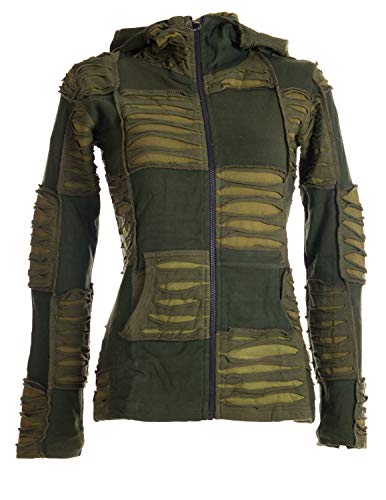 Vishes - Alternative Bekleidung - Damen Patchwork Jacke mit Cutwork und Zipfelkapuze olive 34 von Vishes