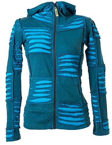 Vishes - Alternative Bekleidung - Damen Patchwork Jacke mit Cutwork und Zipfelkapuze türkis 48 von Vishes