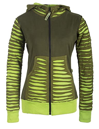 Vishes - Alternative Bekleidung - Damen Patchworkjacke Kapuzenjacke Hoodie Baumwolle Cutwork Streifen Olive 44 von Vishes