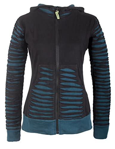 Vishes - Alternative Bekleidung - Damen Patchworkjacke Kapuzenjacke Hoodie Baumwolle Cutwork Streifen schwarz-türkis 40 von Vishes