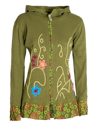 Vishes - Alternative Bekleidung - Damen Sommerjacke Blumen-Strickjacke Elfenjacke Kapuzi Rüschen Olive 36 von Vishes