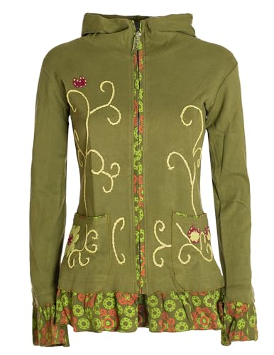 Vishes - Alternative Bekleidung - Damen Sommerjacke Blumen-Strickjacke Elfenjacke Kapuzi Rüschen Olive 40-42 von Vishes