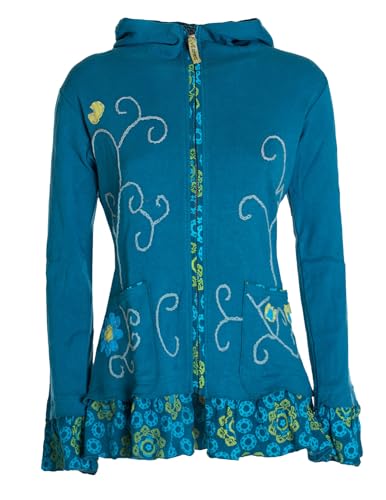 Vishes - Alternative Bekleidung - Damen Sommerjacke Blumen-Strickjacke Elfenjacke Kapuzi Rüschen Petrol 36-38 von Vishes