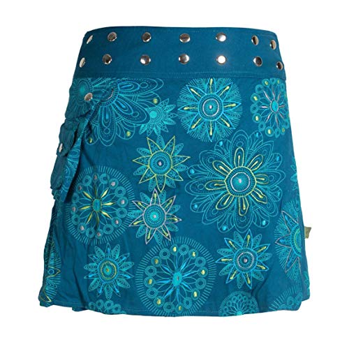 Vishes - Alternative Bekleidung - Damen Wickel-Rock Bedruckt Bestickt Blumen Mandala Gürtel-Tasche türkis 40-44 von Vishes