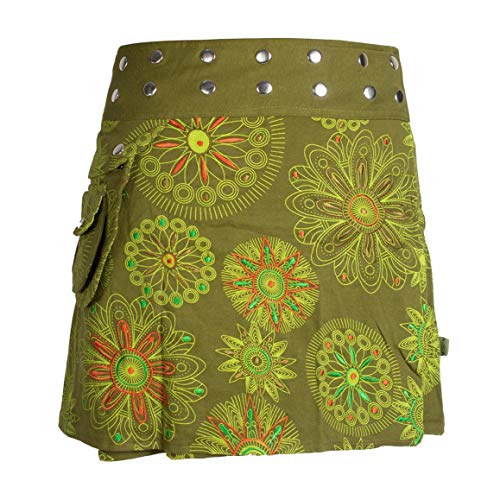 Vishes - Alternative Bekleidung - Damen Wickel-Rock Bedruckt Bestickt Blumen Mandala Gürtel-Tasche Olive 34-40 von Vishes