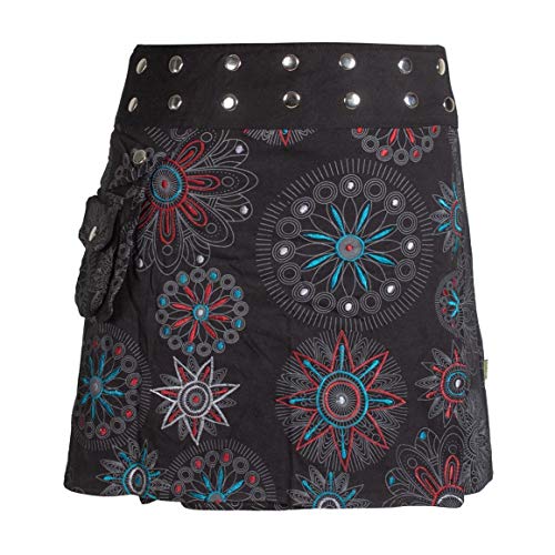 Vishes - Alternative Bekleidung - Damen Wickel-Rock Bedruckt Bestickt Blumen Mandala Gürtel-Tasche schwarz 40-44 von Vishes