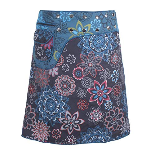 Vishes - Alternative Bekleidung - Damen Wrapper Wickel-Rock Bunt Bedruckt Bestickt mit Blumen Side-Bag schwarz-türkis 42-50 von Vishes