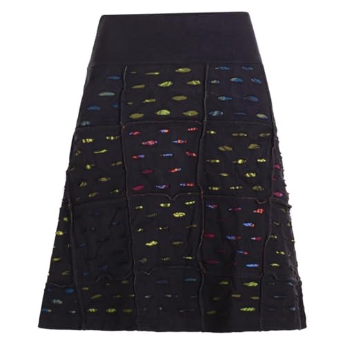 Vishes Alternative Bekleidung - Damen knielanger Rock Baumwolle A-Linie Cutwork Design elastischer Bund mit Stickerei schwarz 32-34 von Vishes