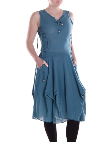 Vishes Alternative Bekleidung - Damen knielanges Kleid Baumwolle Casual verstellbares Kleid im Lagen-Design mit Taschen türkis 40 von Vishes