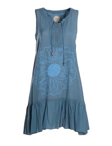Vishes Alternative Bekleidung - Damen mittellanges Kleid Baumwolle Blumen-Muster Hängerkleid mit Schnürung und Holzperlen türkis 38 von Vishes