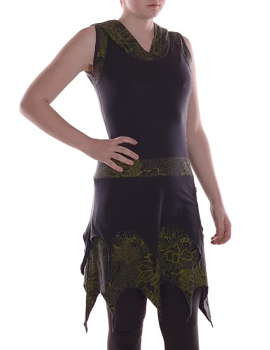 Vishes Alternative Bekleidung - Damen mittellanges Kleid Baumwolle Blumen-Muster mit Kapuze entspannte Passform schwarz-Olive 48 Vishes Alternative Bekleidung - Damen mittellanges Kleid Baumwolle Blumen-Muster mit Kapuze entspannte Passform schwarz-Olive 48 von Vishes