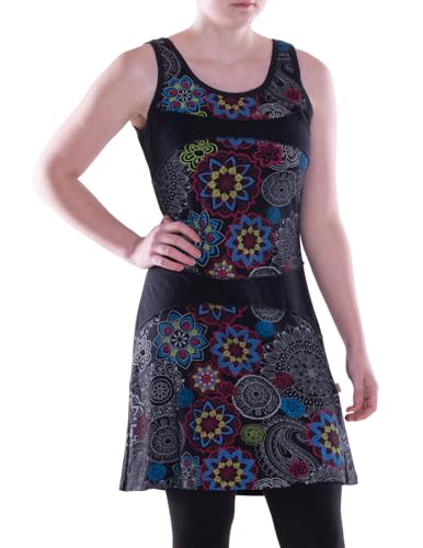 Vishes Alternative Bekleidung - Damen mittellanges Kleid Baumwolle Patchwork Druck A-Linie ohne Kragen schwarz-grau 46-48 von Vishes