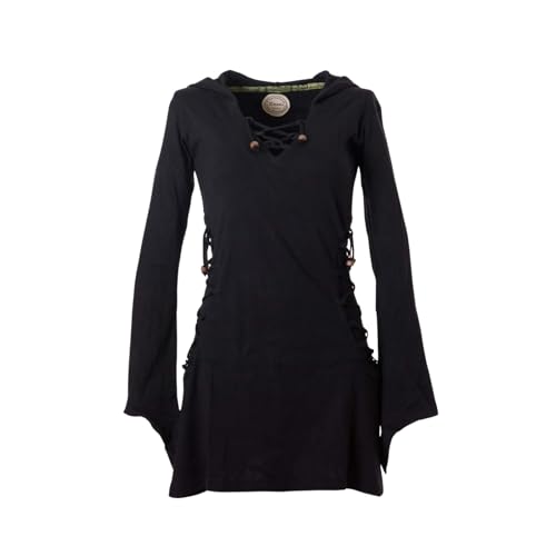 Vishes Elfenkleid mit Zipfelkapuze & Schnürbändern in Schwarz | Größe XS (36-38) | Handgefertigt aus 100% Baumwolle | Ideal für Herbst & Frühjahr | Nachhaltige Alternative Bekleidung von Vishes