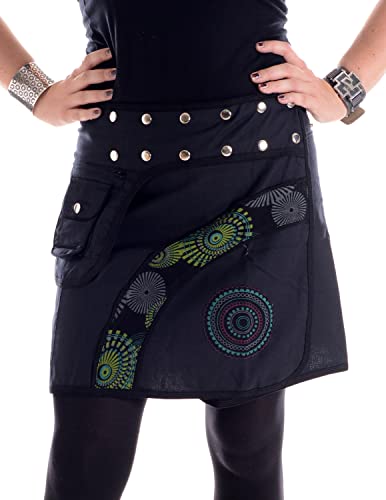 Vishes - Alternative Bekleidung - Größenverstellbarer Patchwork Wickel Mini Rock mit Druckknöpfen und Tasche schwarz von Vishes