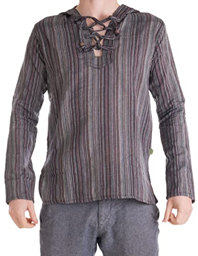Vishes - Alternative Bekleidung - Herren Kurta Langarm Baumwollhemd Fischerhemd Kapuze Kapuzenhemd Dunkelbraun S von Vishes