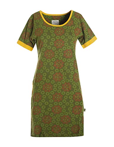 Vishes - Alternative Bekleidung - Kurzarm Damen Hippie T-Shirt Kleid Blumen Tunika Jerseykleid Baumwolle Olive 40 von Vishes