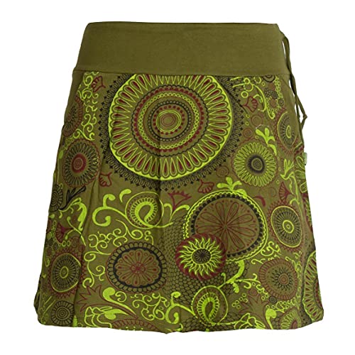 Vishes - Alternative Bekleidung - Kurzer Damen Baumwoll-Rock Bunt mit Mandalas und Blumen Bedruckt Olive 34 von Vishes