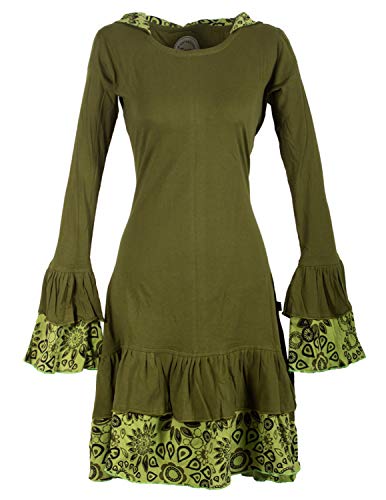 Vishes - Alternative Bekleidung - Lagenlook Langarm Elfenkleid mit Zipfelkapuze und Rüschen olivegrün 42 von Vishes