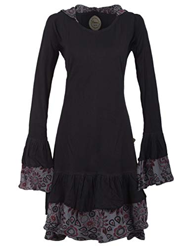 Vishes - Alternative Bekleidung - Lagenlook Langarm Elfenkleid mit Zipfelkapuze und Rüschen schwarz 46/48 von Vishes