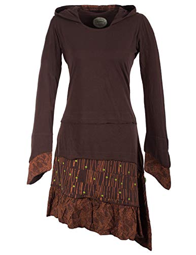 Vishes - Alternative Bekleidung - Lagenlook Langarm Patchwork Elfenkleid mit Zipfelkapuze und Rüschen braun 42 von Vishes