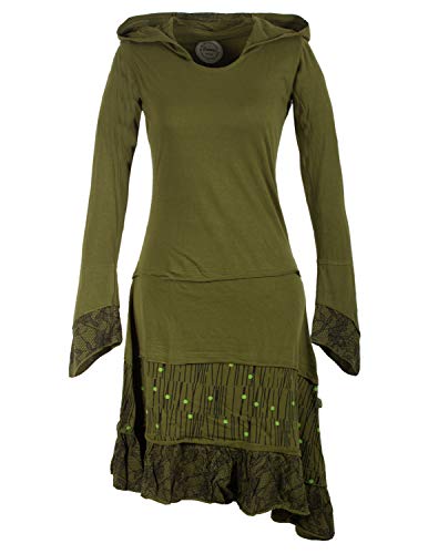 Vishes - Alternative Bekleidung - Lagenlook Langarm Patchwork Elfenkleid mit Zipfelkapuze und Rüschen olivegrün 40 von Vishes
