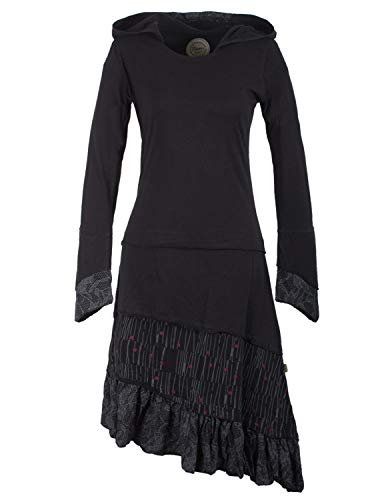 Vishes - Alternative Bekleidung - Lagenlook Langarm Patchwork Elfenkleid mit Zipfelkapuze und Rüschen schwarz 42 von Vishes