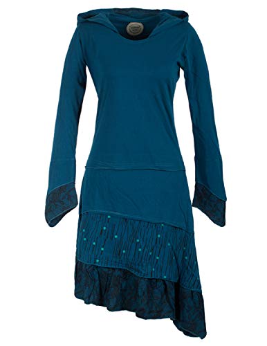 Vishes - Alternative Bekleidung - Lagenlook Langarm Patchwork Elfenkleid mit Zipfelkapuze und Rüschen türkis 40 von Vishes