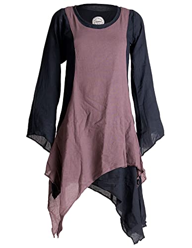 Vishes - Alternative Bekleidung - Langärmliges Zipfeliges Lagenlook Kleid/Tunika aus handgewebter Baumwolle schwarz-braun 36-38 von Vishes
