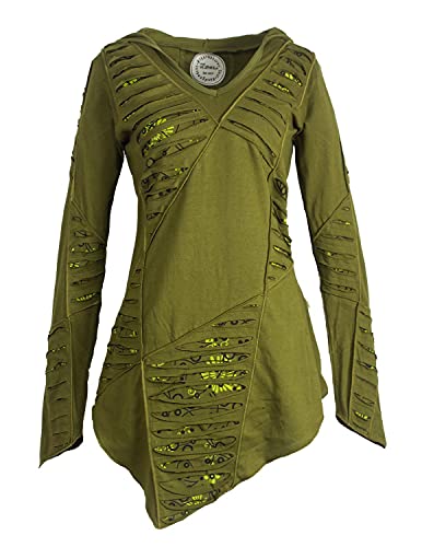 Vishes - Alternative Bekleidung - Langarm Damen Baumwoll Cutwork-Kleid Hoodie Zipfelkapuze Asymmetrisch Olive 48 von Vishes
