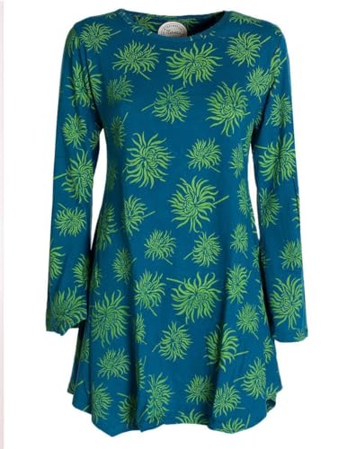 Vishes - Alternative Bekleidung - Langarm Damen Blumen-Tunika Shirt-Kleid Glockenärmel Baumwolle türkis 48 von Vishes