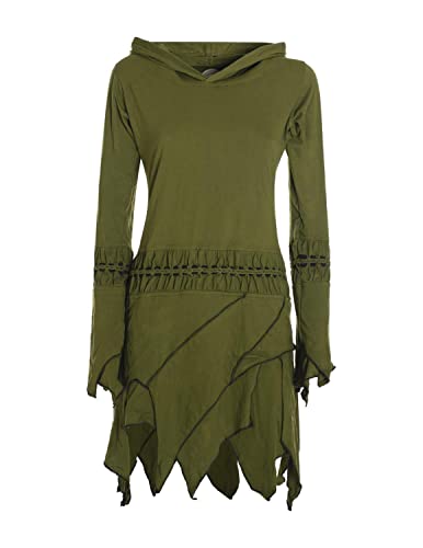 Vishes - Alternative Bekleidung - Langarm Damen Elfen Zipfel Kleid Tunika mit Zipfelkapuze Kleid Damen Herbst Kleid Olive 46 von Vishes
