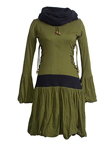 Vishes - Alternative Bekleidung - Langarm Damen Elfenkleid mit seitlicher Schnürung Schalkragen Kapuze Olive 34 von Vishes