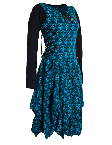 Vishes - Alternative Bekleidung - Langarm Damen Jersey-Kleid Blumenkleid Schnürung V-Ausschnitt türkis 36-38 von Vishes